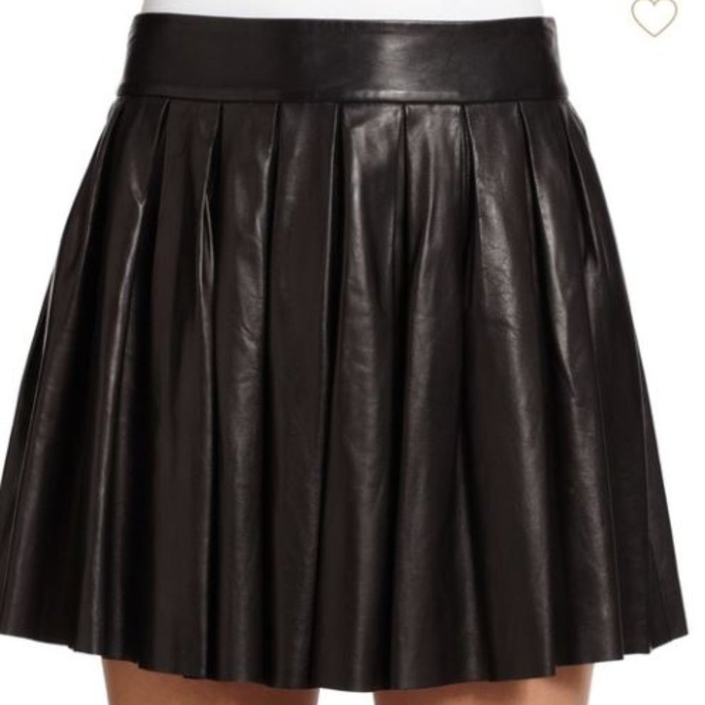 Alice + Olivia Black Leather Pleated Skirt